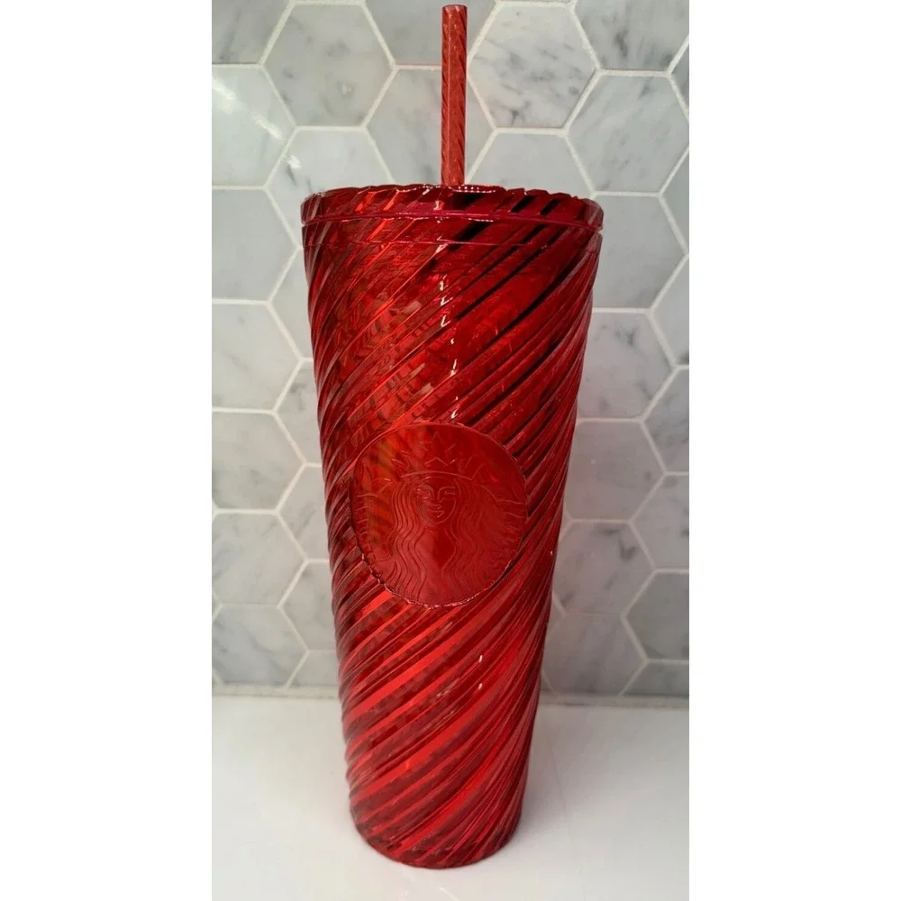 Starbucks Red Swirl Tumbler Venti‎ 24oz Reusable Cold Cup with Lid Straw Set